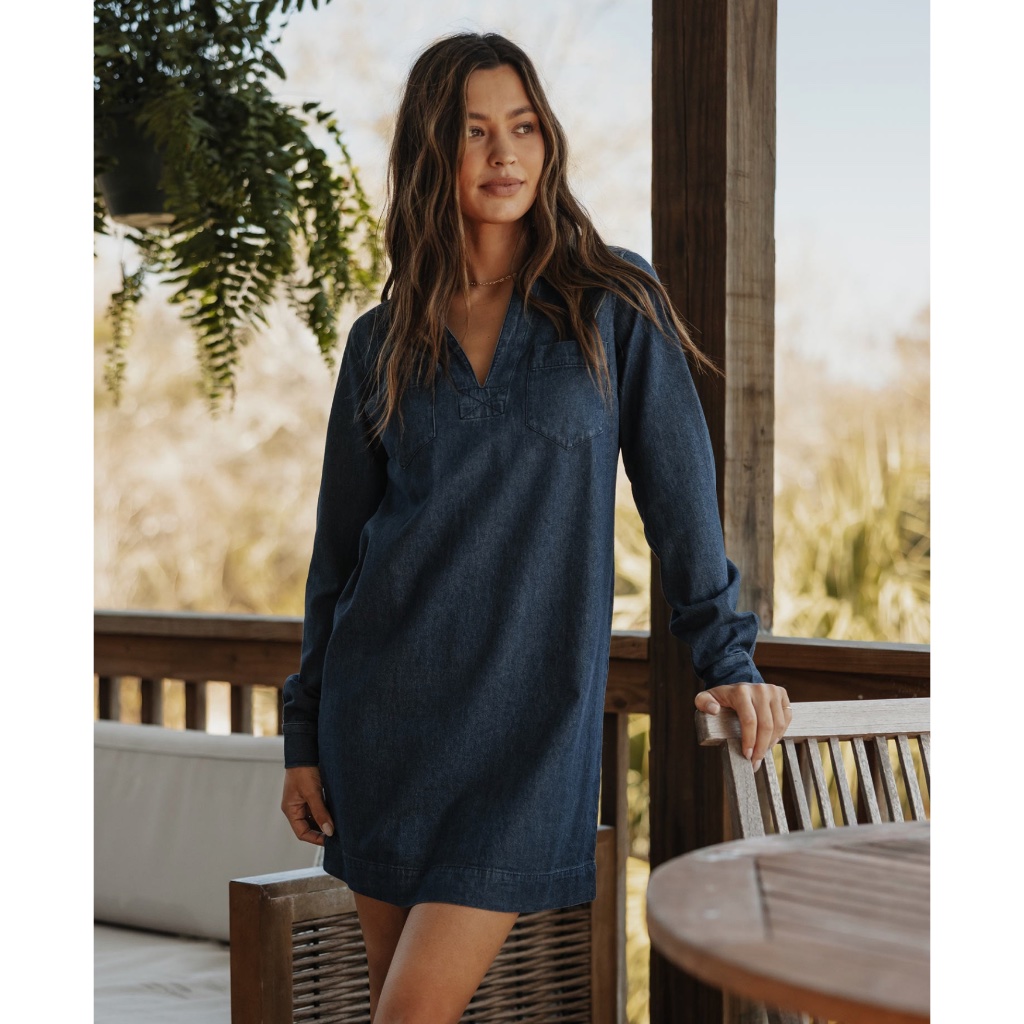 The Normal Brand Lightweight Denim Mariner Dress In Dark Indigo Medium